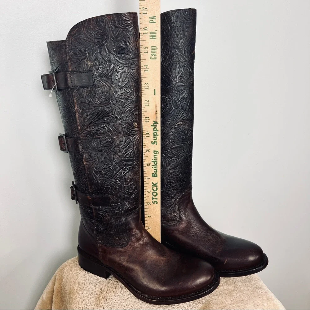 J.B. Dillon Maddie Tall Embossed Leather Harness Boots Brown Women’s 8.5B